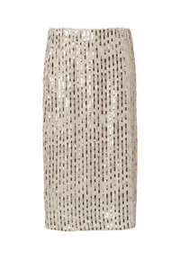 Perlenbesetzter Bleistiftrock in Beige mit vertikalen Reihen aus glänzenden Pailletten in Braun und Silber, mit einer figurnahen Silhouette und geradem Saum.