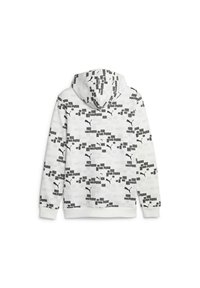 Felpa con cappuccio bianca, caratterizzata da un motivo ripetitivo del logo Puma in nero e grigio. Tessuto morbido con tasca frontale e polsini a coste.