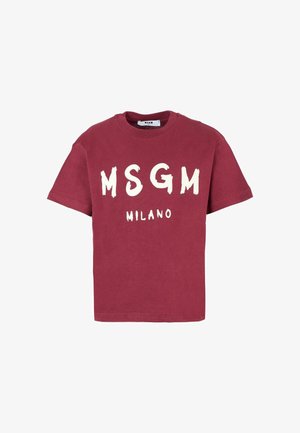 Bordeaux katoenen T-shirt met opvallende witte letters "MSGM MILANO" op de voorkant. Korte mouwen en een ronde hals. Klassieke pasvorm.