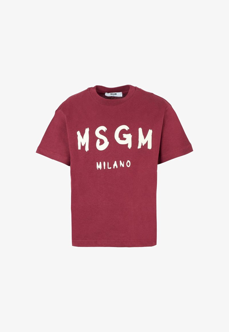 Bordeaux katoenen T-shirt met opvallende witte letters "MSGM MILANO" op de voorkant. Korte mouwen en een ronde hals. Klassieke pasvorm.