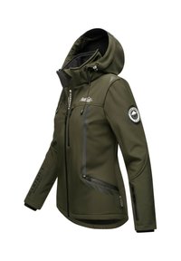 Olive green hooded softshell jacket with zippered pockets, adjustable hood drawstrings, and logo patches on chest and sleeve.