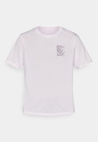 Tricou scurt cu mânecă, de culoare roz deschis, cu un design ajustat și un mic logo grafic. Fabricat dintr-un material moale, cu o textură netedă.