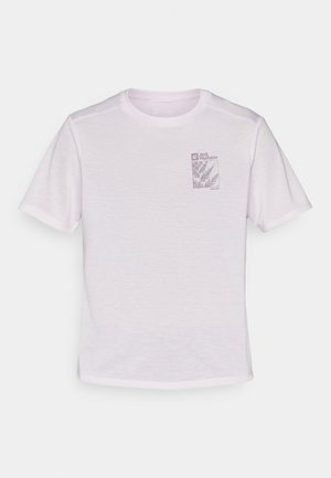 Helles rosa T-Shirt mit kurzen Ärmeln und einer taillierten Passform sowie einem kleinen Grafiklogo. Hergestellt aus weichem Stoff mit glatter Textur.