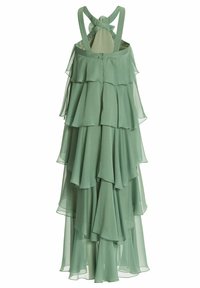 Mehrlagiges chiffonkleid in salbeigrün mit überkreuzten Schulterriemen und Reißverschluss hinten.