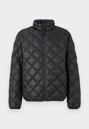 Giacca trapuntata nera con colletto alto, zip frontale e motivo a diamante. Texture liscia e imbottita per l'isolamento.