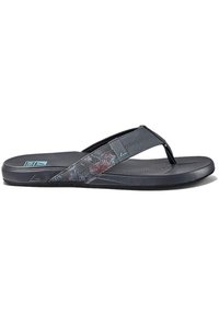 Dark gray flip-flop with a textured footbed, fabric strap featuring a colorful floral pattern, and a flexible rubber sole.