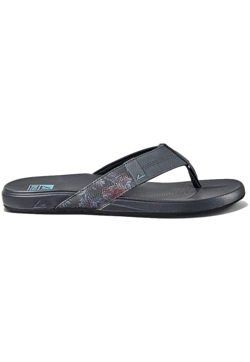 Dark gray flip-flop with a textured footbed, fabric strap featuring a colorful floral pattern, and a flexible rubber sole.