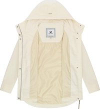 Crème-kleurige, gewatteerde jas met rits en drukknopen, opengevouwen om de gladde binnenvoering en het merkembleem bij de hals te tonen.