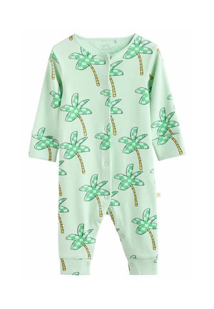 Vihreä ribattu jumpsuit, jossa on palmun kuva, edessä napit, pitkät hihat ja tiukat resorit nilkoissa.