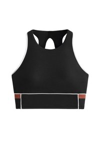 Čierna športová podprsenka s vysokým výstrihom, klúčovou dierkou na chrbte a kontrastnými bielymi a hnedými prvkami pozdĺž spodnej časti. Hladká, pružná tkanina.