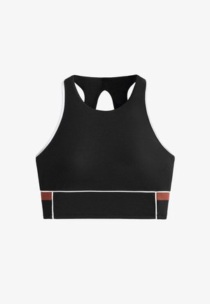 Schwarzer Sport-BH mit hohem Ausschnitt, Schlüsselloch-Rücken und kontrastierenden weißen und braunen Akzenten am Saum. Glatter, dehnbarer Stoff.