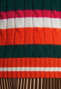 Gros plan sur un pull tricoté à rayures horizontales vert foncé, rose, blanc, orange et rouge, associé à une jupe plissée marron.
