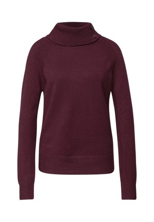 Burgunderfarbener Strickpullover mit hohem Kragen und zwei dekorativen Knöpfen, ausgestattet mit gerippten Bündchen und Saum für zusätzliche Textur und Details.