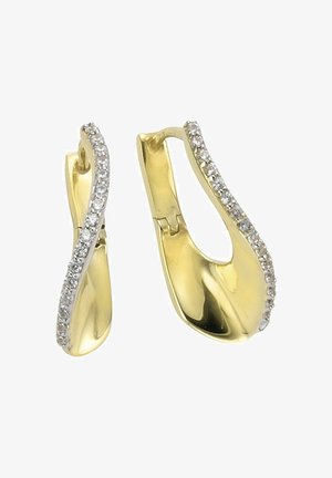 Orecchini a cerchio in oro con un design curvo, ciascuno bordato da piccoli diamanti scintillanti lungo il bordo esterno.