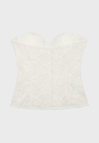 Bustier blanc sans bretelles en dentelle avec motif floral et bonnets structurés, conçu pour épouser étroitement le torse.