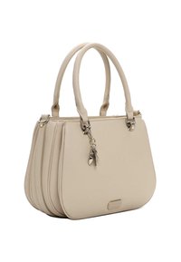 Beżowa torebka o strukturalnym wzorze, wykonana z teksturowanej skóry. Posiada podwójne uchwyty, srebrne okucia oraz ozdobny brelok.