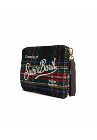 Plaid clutch i sort, grøn og rød dug med guldfarvet beslag. Indeholder "Dreaming of Saint Barth" og "Winter Paradise" trykt i hvid.