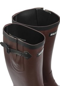 Une paire de bottes en caoutchouc marron avec des bordures noires et des sangles à boucle réglables noires, étiquetées "AIGLE" sur la partie supérieure avant.