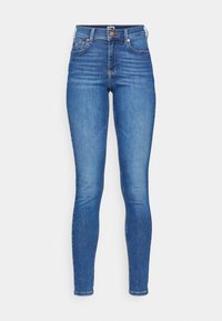 Blå denim skinnyjeans med hög midja, framfickor, bälteshällor och subtila blekningar, med en klassisk femfickdesign.