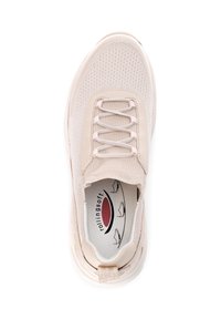 Beige gaas sneakers met elastische vetersluiting, gewatteerde kraag en structuurzool. Het interieur heeft een merklogo op de zachte inlegzool.