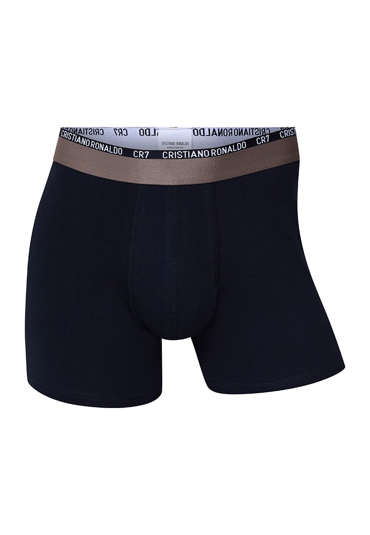 Shorts boxers bleu marine en tissu doux, dotés d'une taille élastique marron avec le nom de la marque imprimé, conçus pour le confort et l'ajustement.