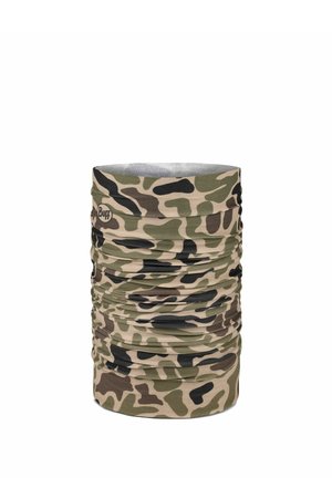 Green, brown, and black camouflage multi-functional tubular neck gaiter with a small round "Buff" logo on the side.