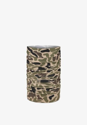 Grün-braunes und schwarzes multifunktionales Tubular-Halstuch mit Camouflage-Muster und kleinem rundem "Buff"-Logo an der Seite.
