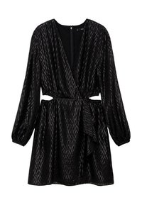 Czarna sukienka z długim rękawem, z głębokim dekoltem w serek, marszczoną talią, wzorem w zygzaki oraz wycięciami po bokach. Posiada detal w formie związania po lewej stronie.