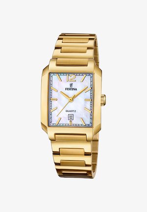 Reloj rectangular con tono dorado, esfera de nácar, movimiento de cuarzo, marcadores horario luminosos y una ventana de fecha a las 6 en punto.