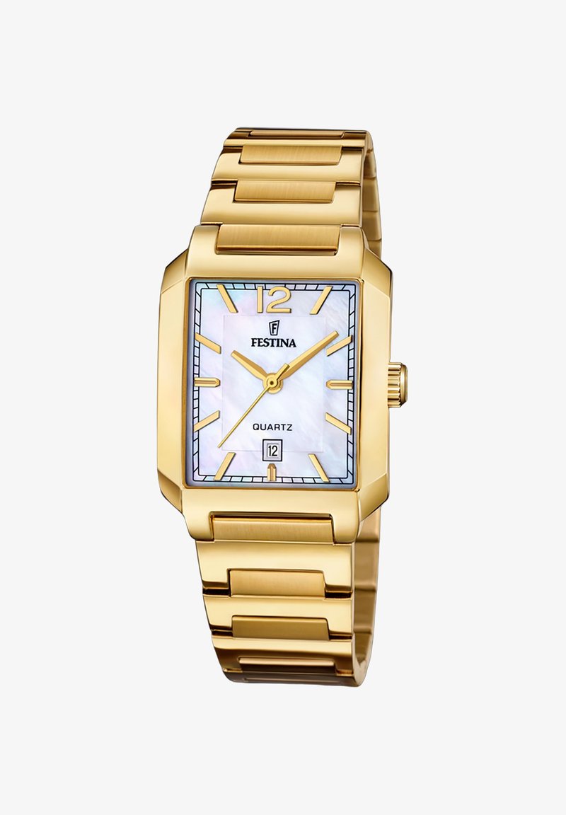 Prostokątny zegarek w złotym kolorze z tarczą z masy perłowej, mechanizmem kwarcowym, świecącymi znacznikami godzin oraz datownikiem na godzinie szóstej.