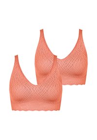 Due bralette senza cuciture di colore corallo, caratterizzate da un motivo geometrico testurizzato, scollatura a v e bordi smerlati. Tessuto morbido e elasticizzato.