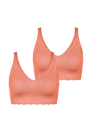 Two seamless bralettes in a coral color, featuring a textured geometric pattern, v-neckline, and scalloped edges. Soft, stretchy fabric.