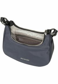 Borsa a spalla in nylon blu navy con chiusura con zip, hardware in tono argento e tasca interna. Presenta un dettaglio del logo sulla parte anteriore.