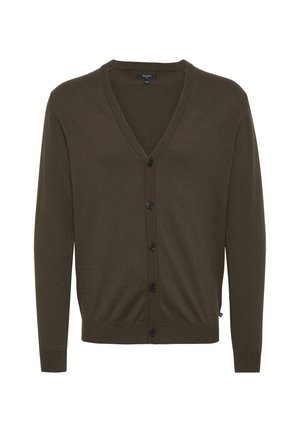 Brūns V veida kakla kardigāns ar garām piedurknēm un pieciem priekšējiem pogām, izgatavots no smalkas adītās auduma.