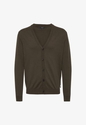 Brūns V veida kakla kardigāns ar garām piedurknēm un pieciem priekšējiem pogām, izgatavots no smalkas adītās auduma.