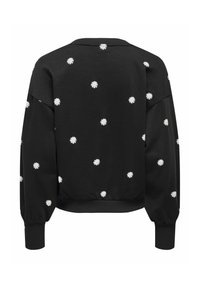 Melna garu piedurkņu sporta krekls ar izkaisītiem maziem baltajiem margrietiņu ziedu rakstiem, ribojumam pie piedurknēm un ribojumam apakšā.