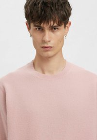 Lichtroze gebreide trui met een ronde hals en geribbelde mouwen. Zachte textuur met subtiele kleurvariaties. Minimalistisch ontwerp.