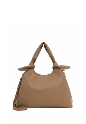 Sac à main en cuir marron texturé avec poignées nouées et bandoulière détachable sur fond blanc.