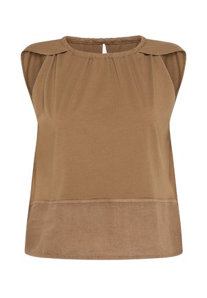 Haut sans manches marron avec un décolleté froncé, des accentuations plissées aux épaules et une texture de tissu lisse. L'ourlet présente un panneau en tissu plus clair et subtil.
