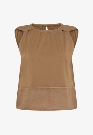 Top fără mâneci, de culoare maro, cu un decolteu strâns, accente pliate pe umeri și o textură netedă a materialului. Poalele au un panou dintr-un material mai deschis, subtil.