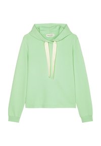 Vaaleanvihreä huppari lyhyellä mallilla, jossa on vaaleampisävyinen kiristysnauha ja resorikäänteet. Pehmeä materiaali, yksinkertainen tyyli.