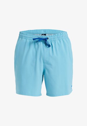 Svetlomodré plavky s elastickým pásom a modrým šnúrkou. Obsahuje bočné vrecko a hladký, ľahký materiál.