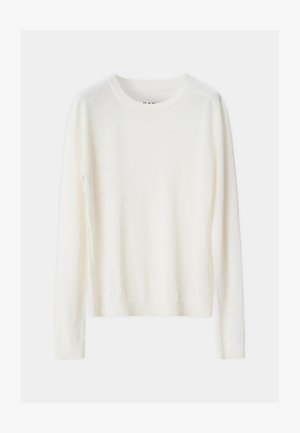 Lahka, krema barve pulover s dolgimi rokavi, rebrastim ovratnikom in robom, izdelan iz mehkega pletenega materiala, s preprostim dizajnom.