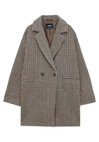 Cappotto a scozzese marrone e bianco con un davanti doppiopetto, ampi risvolti e due tasche frontali. Tessuto liscio e strutturato.
