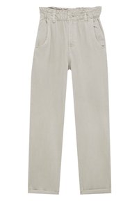 Pantalon droit beige clair avec taille paperbag élastiquée, poches devant, passants pour ceinture, fermeture par bouton et zip.