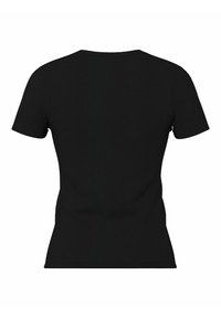 Czarny t-shirt z krótkim rękawem o prążkowanej fakturze i okrągłym dekolcie, z dopasowanym krojem i bez widocznych logo czy wzorów.