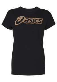 Camiseta negra de manga corta, con un gran logo "asics" en dorado metálico en el frente. Hecha de material de algodón.