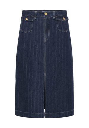 Jeansrock in Dunkelblau mit vertikalen Streifen, vorderem Schlitz und gelben Nähten. Verfügt über einen Knopfverschluss und Fronttaschen.