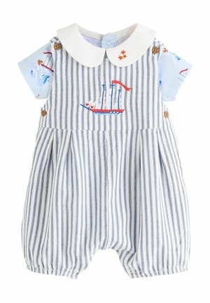 Romper a righe con strisce blu e bianche, colletto bianco e design della barca ricamato. Include bottoni di legno sui lati.