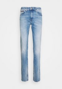 Ljusblå denimjeans med rak bendesign, fem fickor och subtil blekning; inkluderar metallknapp och dragkedjestängning.